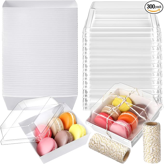 Jetec 300 Pack Charcuterie Boxes with Clear Lids and Rope 4 Inches Cake Disposable Square Dessert Food Box Containers with Lids for Bakery Macaron Cookies Strawberries Fruits Display (White)
