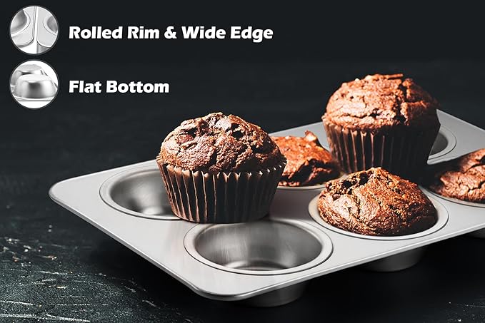 Leonyo Non-Toxic Stainless Steel Muffin Cupcake Pan 6 Cup, 2 Pack | Standard Size Metal Muffin Tin Tray for Baking Cupcake Quiches, Dishwasher Oven Safe