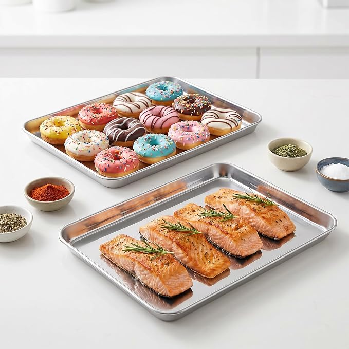 2 Pcs Baking Sheet 12.5" x 10" Stainless Steel Quarter Sheet Pan Set | Toaster Oven Pans for Baking, Metal Cookie Tray, Cookie Sheets Baking Pans, Nonstick for Cooking Toasting Dishwasher Safe