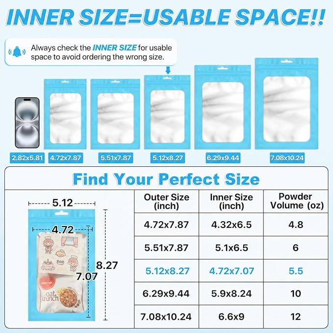 ANZNKU 100 Pack Lake Blue Resealable Mylar Bags with Frosted Clear Window 5.12x8.27", Smell Proof Sealable Packaging Bags Foil Pouch Bag for Food Jewelry Candy Treat Party Favor Storage Supplies