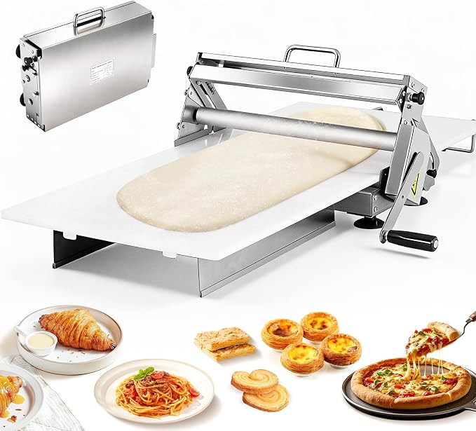 Folding Dough Sheeter 15.5" Manual Dough Roller Machine Croissant Dough Laminator Thickness Adjustable Suitable for Pizza, Croissants, Puff Pastry, Pasta Stainless Steel
