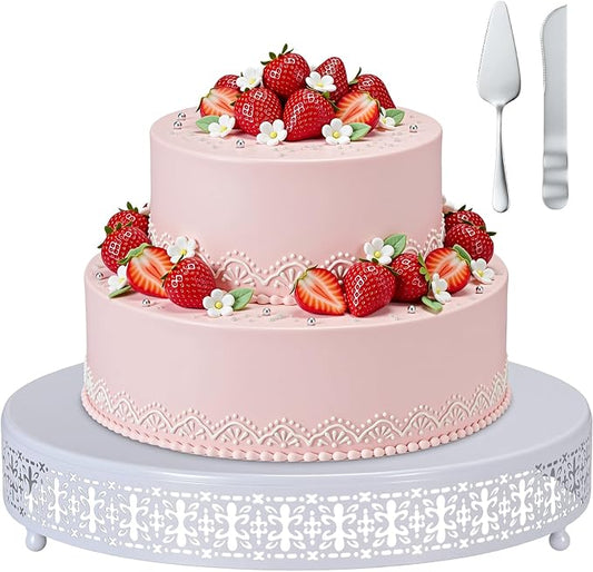 Wenqik White Cake Stand 14 Inch Metal Round Cupcake Dessert Wedding Cake Stand with Cutting & Spatula Cookies Display Holder Fruit Serving Tray for Table Wedding Birthday Anniversary Party