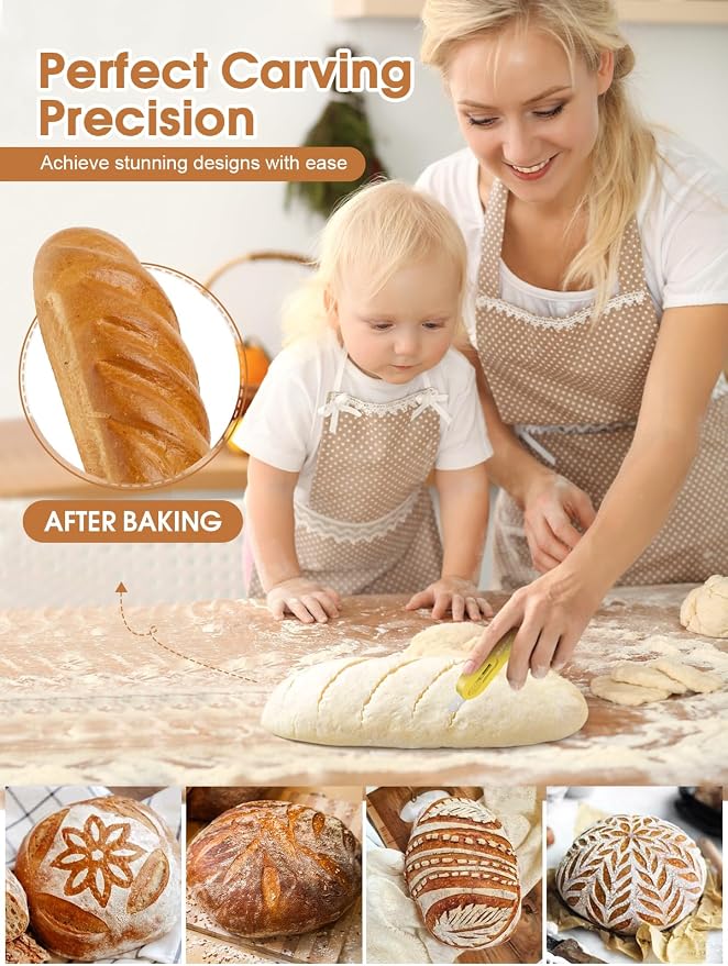 Bread Lame Dough Scoring Tool, Extractable & Magnetic Sourdough Scoring Tool for Sourdough Bread Baking, Bread Making, Bread Scoring Tool with 5 Razor Blades, Scoring Patterns booklet, Yellow