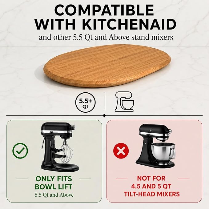 Ibyx Premium Bamboo Mixer Slider for KitchenAid 5-8 Qt Bowl Lift Stand Mixer - Food-Grade Appliance Slider Mat for Kitchen Countertop Storage Accessories (Natural)