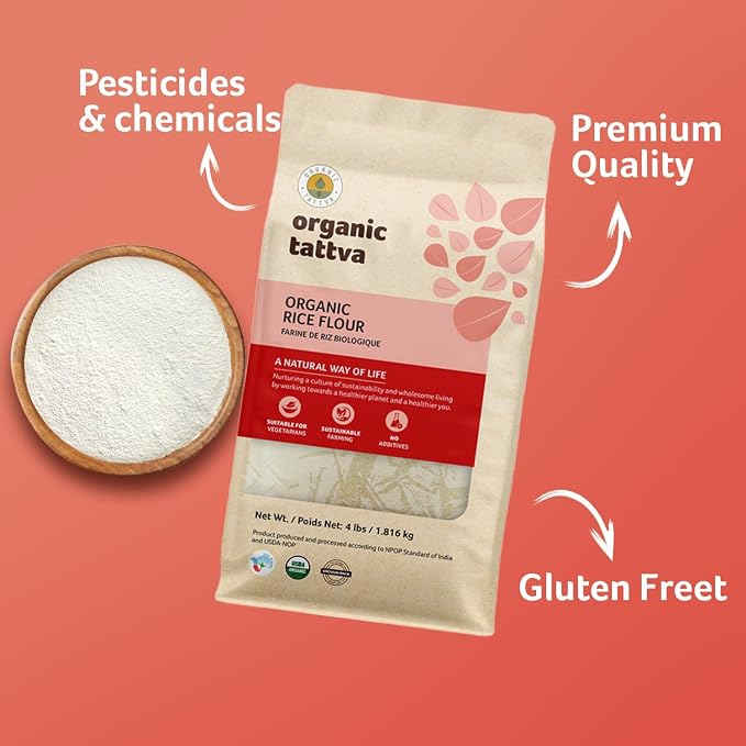 Organic Tattva White Rice Flour (4 lbs) - Indian Organic Rice Flour - Natural Plant Based - Vegan - Kosher - No Additives - Gluten Free - USDA Certified