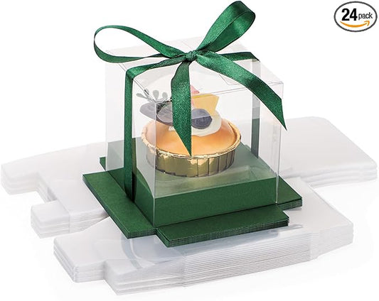 EUSOAR Plastic Green Cupcake Wrappers, 24pcs 3.5 Inch Individual Cupcake Holder Cake Containers with Lids, Single Transparent Cupcake Holder Containers for Wedding Birthday Favor Party