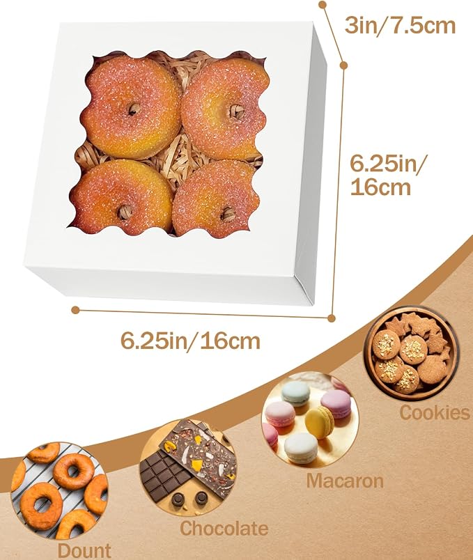 qiqee Auto-pop up 6x6x3 Inch White Cookie Box with Window 30Pcs Pastry Macaron Bakery Box For Packaging