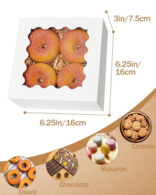 qiqee Auto-pop Up 240pcs White Bakery Box with Window 6"×6"×3" Macaron Boxes Small Donut Pastry Boxes for Party Mini Cookie Boxes