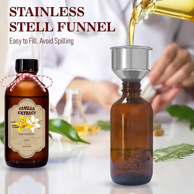 12 Pack Amber Glass Vanilla Extract Bottles 2 oz with Lids, 12 PCS Vanilla Extract Labels and Funnel, Glass Boston Vanilla Bottles for Syrup Gift, Jars Glass Bottles for Vanilla Extract