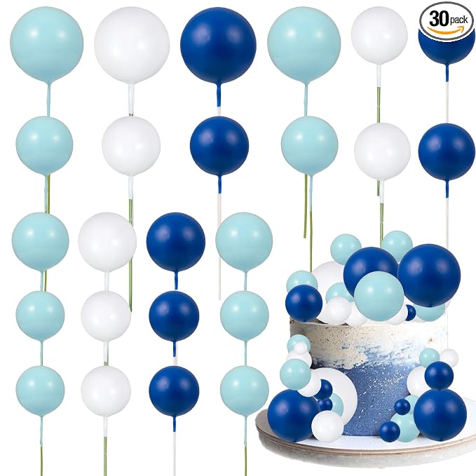 Gyufise 30Pcs Ball Cake Picks Colorful Ball Shaped Cake Topper Mini Balloons Pearl Balls Cupcake Picks Ball Cake Insert Topper for Birthday Party Wedding Decoration Supplies Blue White Dark Blue