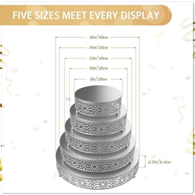 Wenqik 5 Pcs Metal Silver Cake Stand, 8" 10" 12" 14" 16" Large Round Cupcake Stand Dessert Table Display Set Golden Cake Holder for Wedding Birthday Party Bridal Shower Anniversary Table Decoration