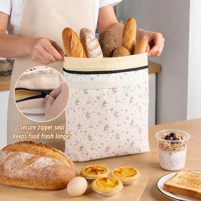 2-Pack Reusable Beeswax Bread Bags for Sourdough & HomemadeBread with Zipper, 16.5 x 13 inch bread bags for Food Storage