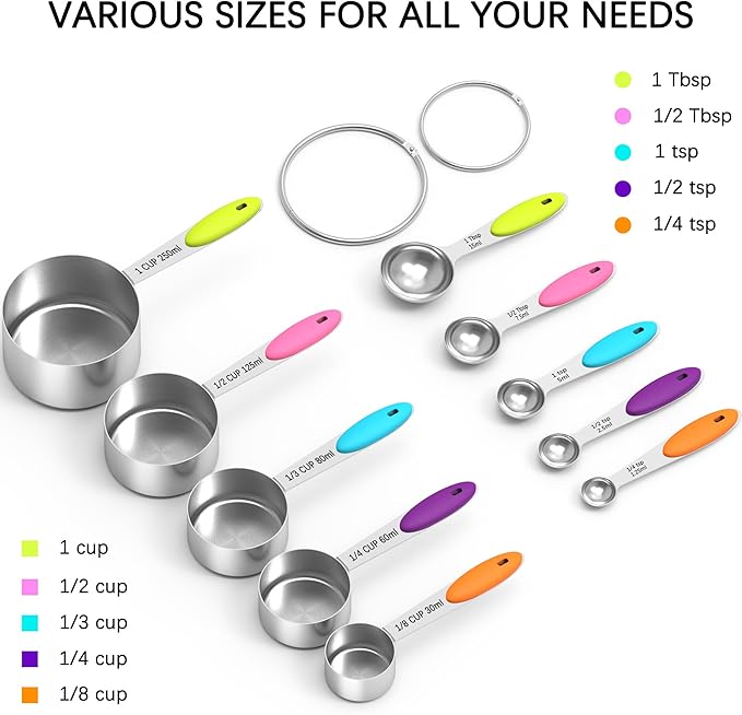 TILUCK Nesting Measuring Cups and Spoons Set, Stainless Steel with Soft Silicone Handle – Heavy Duty & Dishwasher Safe for Measuring Dry/Liquid Ingredients, Ideal for Cooking & Baking (10)