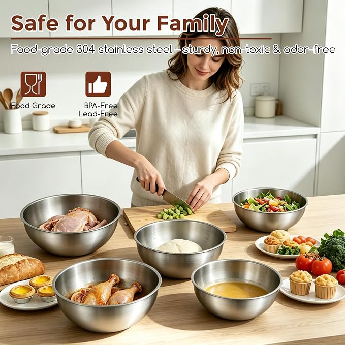 Gronivex 304 Stainless Steel Mixing Bowls, 5-Piece (1.5-5.3 Qt) | Thicker-Gauge, Food-Grade Metal, Stackable Nesting & Space-Saving – Ultimate for Large Family Baking or Party Cooking