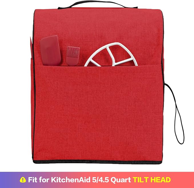 HOMEST Stand Quilted Mixer Cover with Zip Pocket for Kitchen Accessories | Fits KitchenAid 5/4.5 quart mixers, zipper pocket stores attachments and kitchen accessories, Red