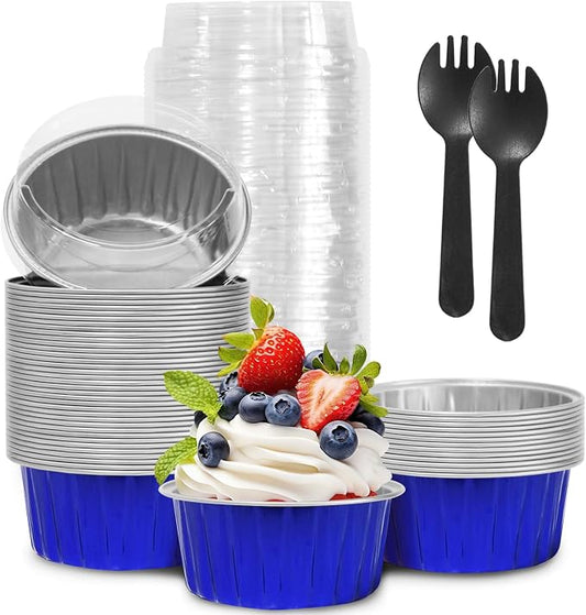 4th of July 50Pcs Mini Aluminum Foil Cupcake Baking Cups,5oz Mini Cake Pans Disposable, Loaf Pans with Lids,Disposable Ramekins,Tin Cups Containers for Cupcake,Pudding,Muffin(50, Blue)