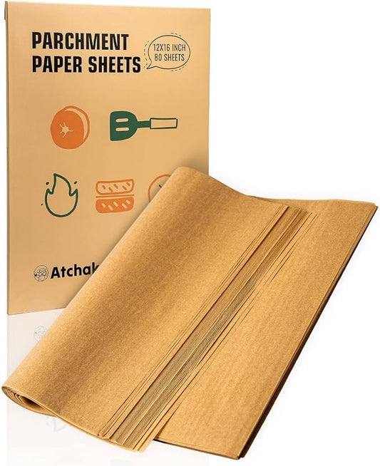 12x16 Parchment Paper Sheets – 80 Precut, Unbleached, Non-Stick Sheets for Half Baking Sheet, Flat-Packed (No Folds/Creases) & Oven Safe, Gift Box for Baking, Air Fryer & Microwave