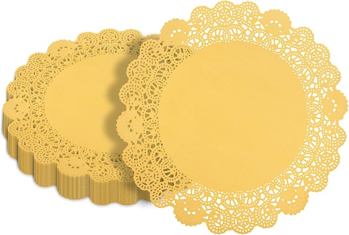 Pastry Tek 12 x 12 Inch Paper Lace Doilies, 100 Disposable Table Doilies - Elegant Lace Finish, Long Lasting, Orange Paper Doily, for Pastries, Cupcakes, Desserts - Restaurantware