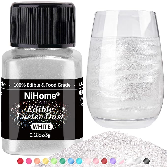 NiHome Edible Food-Grade Glimmer Powder Glitter Luster Dust Metallic Food Decorating Sprinkle Glimmery Dust for Drink Wine Beverage Cake Candy Dessert Bakery Restaurant Vegan (0.18oz/5g, White)