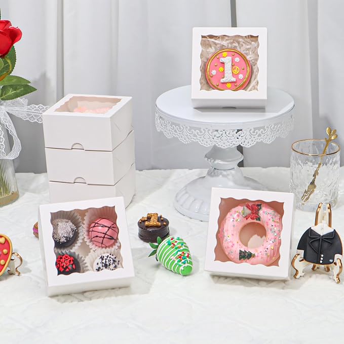100-Pack 4X4X2 Inches Elegant White Bakery Boxes - Treat/Cookie/Truffle Boxes for Mini Cakes, Pies & Cinnamon Rolls - Wedding Party Favor Packaging