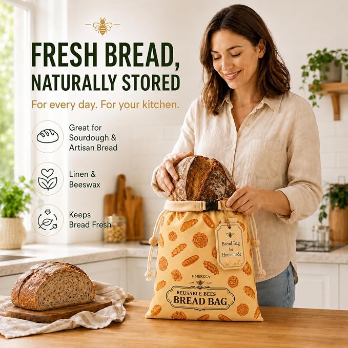Beeswax Bread Bag 2 Pack, Reusable Linen Bread Bags for Homemade Bread, Extra Large Sourdough Bread Storage Bag, Natural Beeswax Lining Keeps Loaves Fresh Longer, Eco Friendly