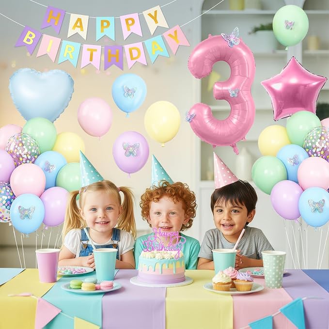 3rd Birthday Decoration for Girls,Easter Pastel Rainbow Macaron 3rd Birthday Balloon Number 3 Balloon Butterfly Stickers Star Heart Foil Balloons Banner Party Decoration for 3 Year Old