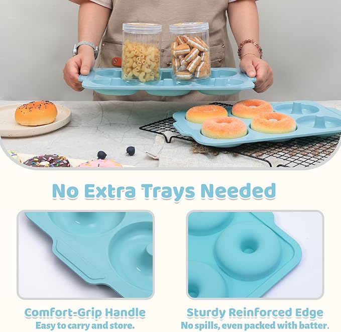 Nonstick Silicone Donut Pan: 3.5 Inch Large Donut Mold with Metal Frame - Bagel Doughnut Pan for Baking Gluten Free Glazed Vegan - for Oven Housewife Home Baker Baking Lovers (Green & Beige)