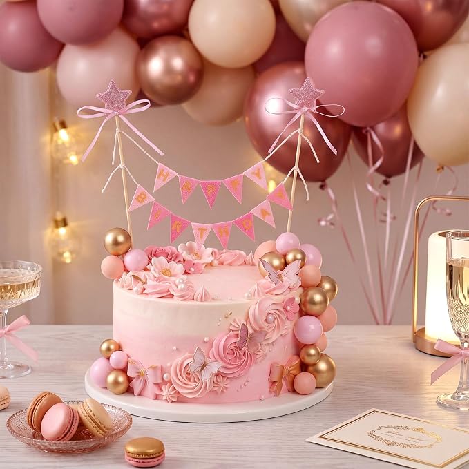 16 Pcs Happy Birthday Cake Topper Cake Bunting Topper Banner with Wood Pole Rainbow Garland with Bow Ribbon Balloon, Mini Cupcake Decor for Birthday Baby Shower (Pink,Gold)