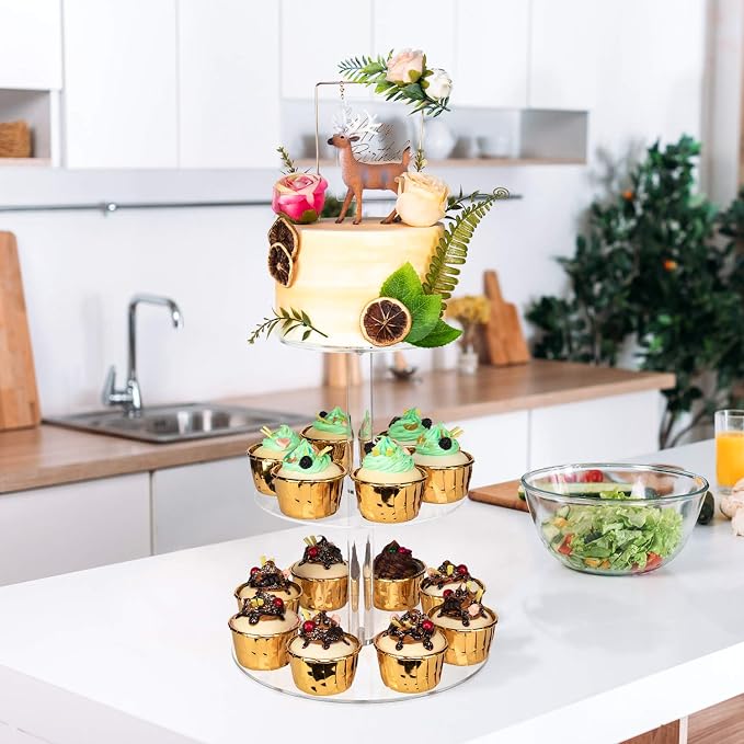 YestBuy 3 Tier Round Cupcake Stand, Acrylic Cake stand, Cupcake Tower Stand, Premium Cupcake Holder For 23 Cupcakes, Display for Pastry Wedding Birthday Party (4.7" between 2 layers)