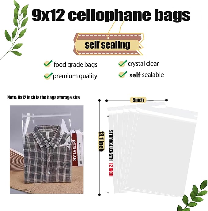 100 pcs Clear 9" x 12" Self Seal Cello Cellophane Bags Resealable Adhensive Plastic Bags 1.4 mils OPP Bag for Packaging Clothing, T Shirts, Art Printings ,A4 Paper, Party Decorative Gift,Acid Free