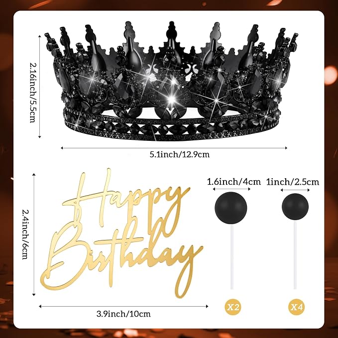 8 Pcs Black Queen Crown Cake Topper for Women, Happy Birthday Cake Toppers Foam Balls Rhinestone Crystal Tiara Wedding Decoration for Princess Party Photo Props