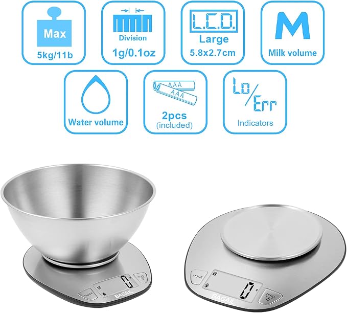 BAGAIL Digital Kitchen Food Scale with Stainless Steel Bowl, 11lb/5kg | 7 Weight Units, Large Clear Display, Gram Scale, For Baking & Cooking, Wet and Dry Ingredients, Batteries Included