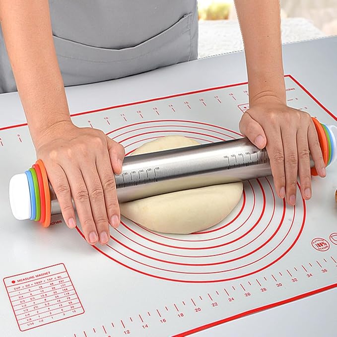 Rolling Pin and Pastry Baking Mat Set, 17-inch Rolling Pins with Adjustable Thickness Rings, Stainless Steel Dough Roller for Baking Fondant, Pizza, Pie, Pastry, Pasta, Cookies (black)