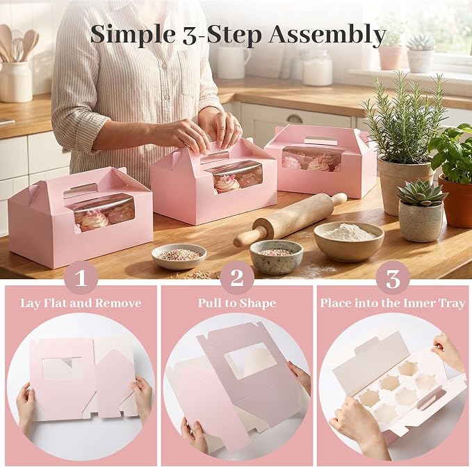 VGOODALL 8 Sets Pink 6-Count Cupcake Boxes with Handles and Inserts, 9.3 x 6 x 3.5 Inch Large Pastry Containers with Windows for Wedding, Birthday, Bakery Supplies, Professional Party Gift Boxes