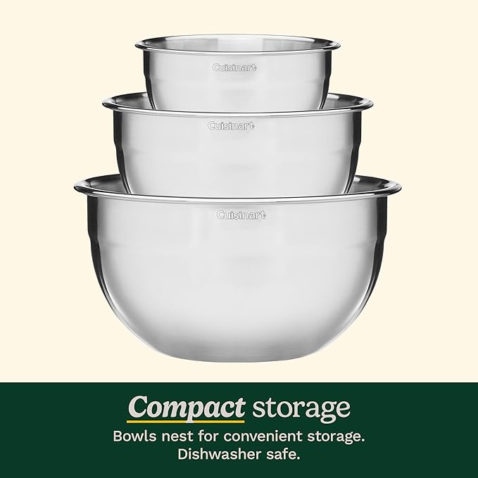 Cuisinart Mixing Bowl Set, Stainless Steel, 3‑Piece Nesting Bowls for Baking, Cooking & Food Prep, CTG-00-SMB