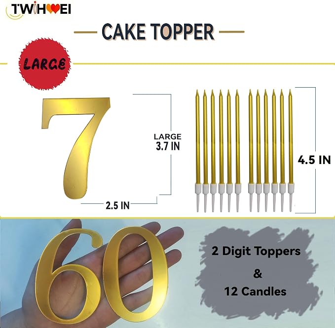 3.7IN Gold Acrylic Number 7 Cake Topper with 12 Gold Long Candles - Perfect for 7th Birthday Party Supplies, Ideal for Cake Decoration