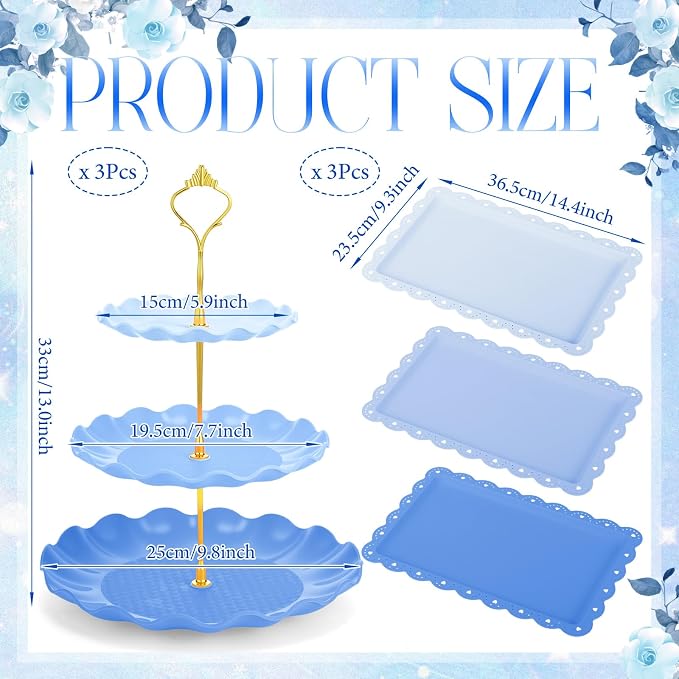 FoldTier 6 Pack Cupcake Stand Set 3 Pcs 3 Tier Gradient Dessert Table Display Stands Cookie Tray Rack 3 X14 in Rectangle Party Trays for Wedding Birthday Tea Party Baby Shower(Blue,Round)