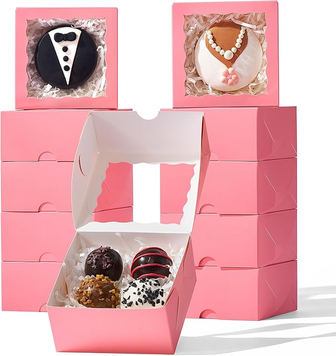 50-Count 4x4x2 Inches Food-Safe Pink Bakery Boxes - Multi-Use Pastry & Treat Packaging for Cookies, Truffles & Wedding Favors (Stackable Gift Boxes for Cakes, Pies & Cinnamon Rolls)