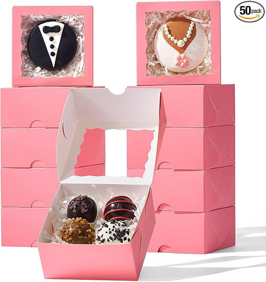 50-Count 4x4x2 Inches Food-Safe Pink Bakery Boxes - Multi-Use Pastry & Treat Packaging for Cookies, Truffles & Wedding Favors (Stackable Gift Boxes for Cakes, Pies & Cinnamon Rolls)