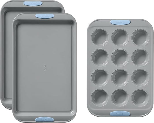 Pyrex 3-Piece Metal Cookie & Muffin Sheet Bakeware Set, Lightweight Stainless Steel Baking Trays with Heatsafe Silicone Handles, Cookie Muffin Sheet Baking Pan, Cerulean