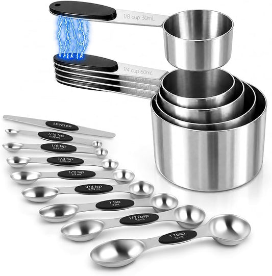 Magnetic Measuring Cups and Spoons Set, Stainless Steel, 14 Pcs | Food-grade 304 construction, strong N45 magnets, double-sided spoons, leveler included, for baking and cooking