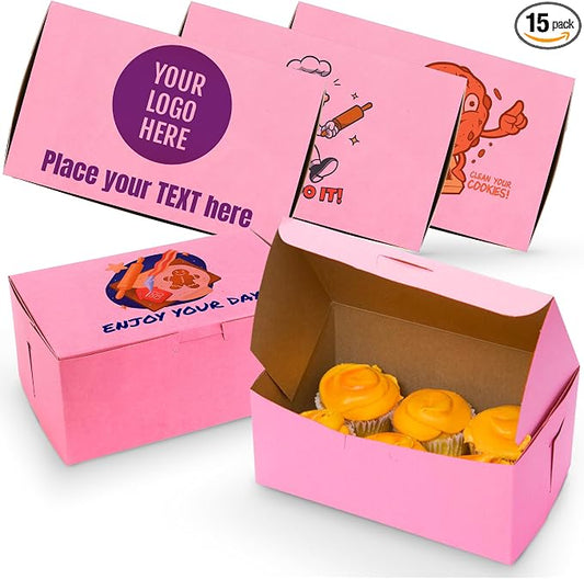 MT Products Custom Printed Pink Cupcake Boxes 8" x 5" x 3" - Personalized Disposable Bakery Boxes