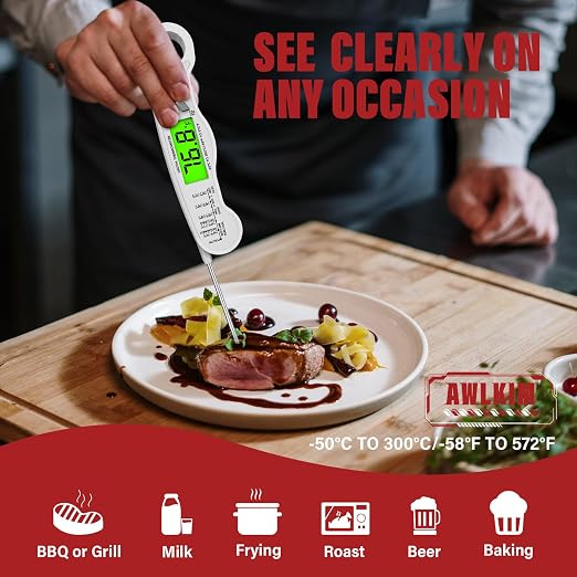 AWLKIM Digital Meat Thermometer, Instant Read Thermometer, White | Food thermometer for grill, BBQ, candy, oil and baking; backlit display, foldable probe and magnetic storage.