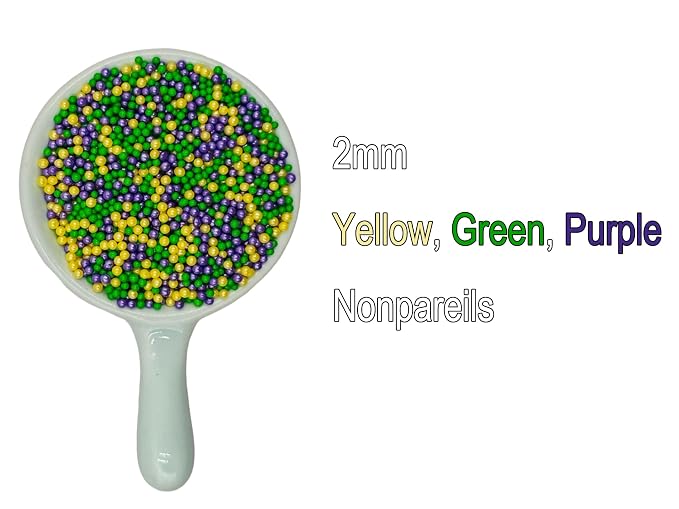 Mix Mardi Gras Sprinkles, Edible Purple Yellow Green 2mm Nonpareils, Jimmies, 7mm Pearls, 10mm Gold Pearls for Cake Decorating, Baking, Ice Cream, Cookies, Cupcake Topper Decorations, 5.64oz