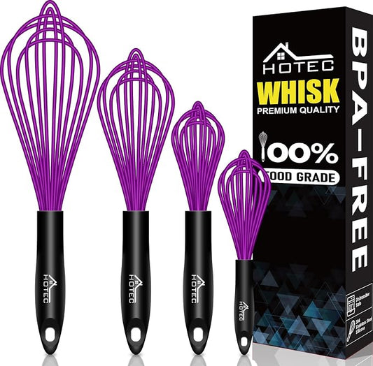 HOTEC 4 Pieces Silicone Whisks Set, Wire Balloon Whisks for cooking Egg Beater, Non-slip Handle Whisk for Non-stick Cookware Perfect for Cooking, Stirring, Beating and Blending,Purple