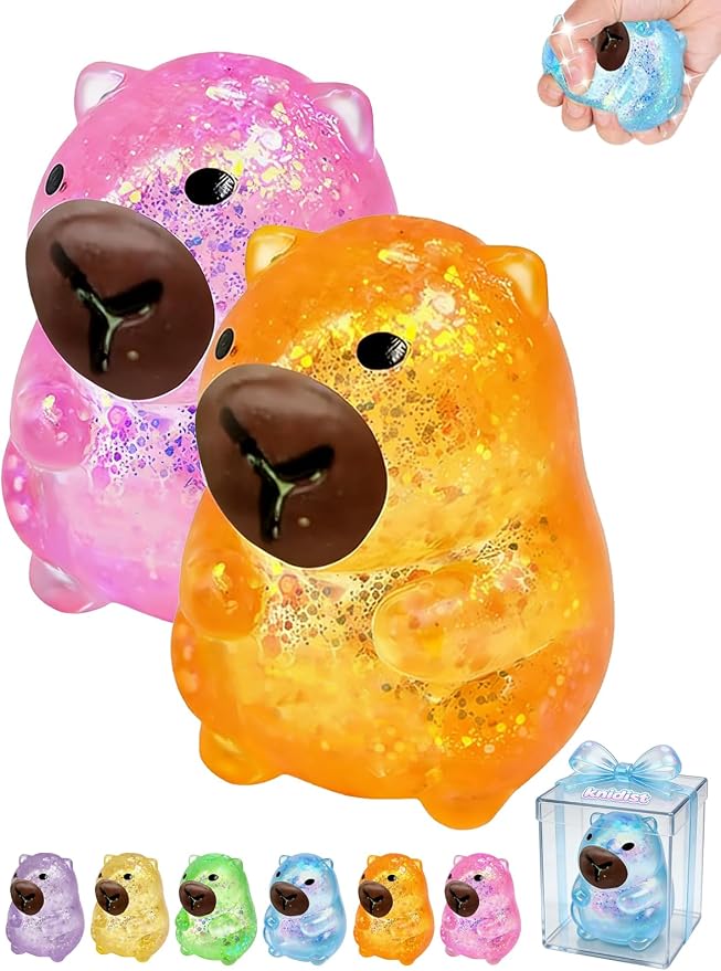 Capybara Squishy Glitter Animal Squeeze Balls Cute Capybara Stress Ball Anxiety Relief Slow Rise Adult Sensory Fidget Tool Gift Sparkling Desk Decor Collectibles Decompression Dough(2pcs Set1)