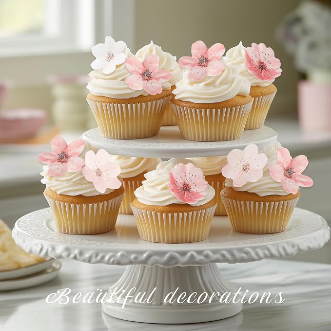 50 Pcs Edible Cherry Blossoms Cake Decorations, Edible Cherry Blossom Cupcake Toppers Rice Paper Flower Cake Toppers for Birthday Baby Shower Party Decorations Supplies Pink