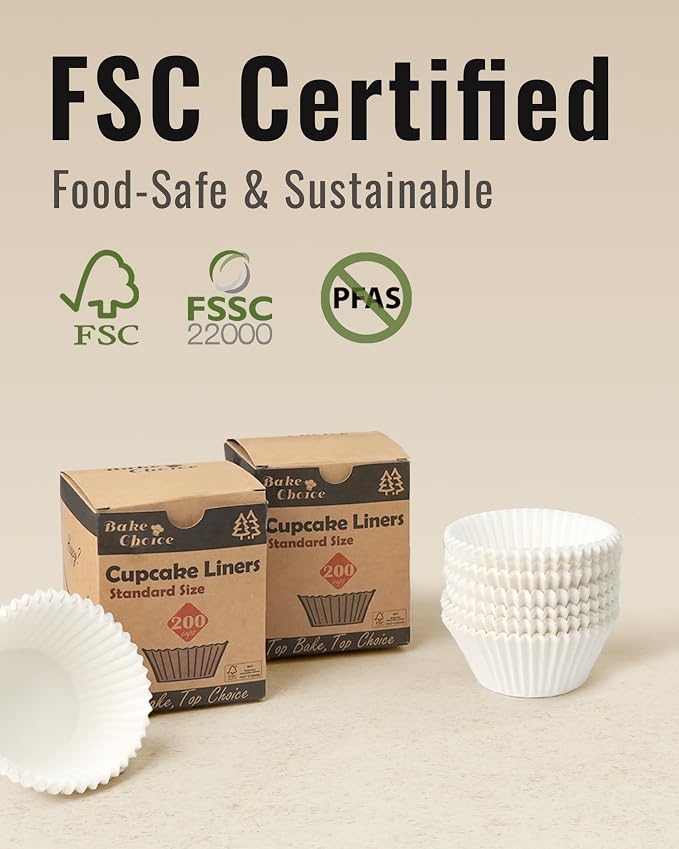 Bake Choice 200pcs Standard White Cupcake Liners for Baking, Upgraded Natural Muffin Liners, Balance Non-Stick & Non-Slip, Greaseproof Parchment Paper, Cupcake Wrapper for Party, Wedding, Christmas