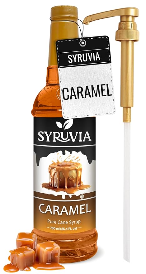 Syruvia Coffee Syrup, Caramel Flavored Syrup for Drinks, Lattes, and Desserts – 25.4 fl oz - with Pump