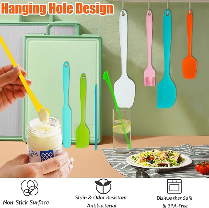 9-Piece Seamless Silicone Spatula Set for Non-Stick Cookware, 600°F Heat Resistant Kitchen Utensils with Heavy-Duty Stainless Steel Core for Baking & Jar Scraping, Dishwasher Safe, Rainbow